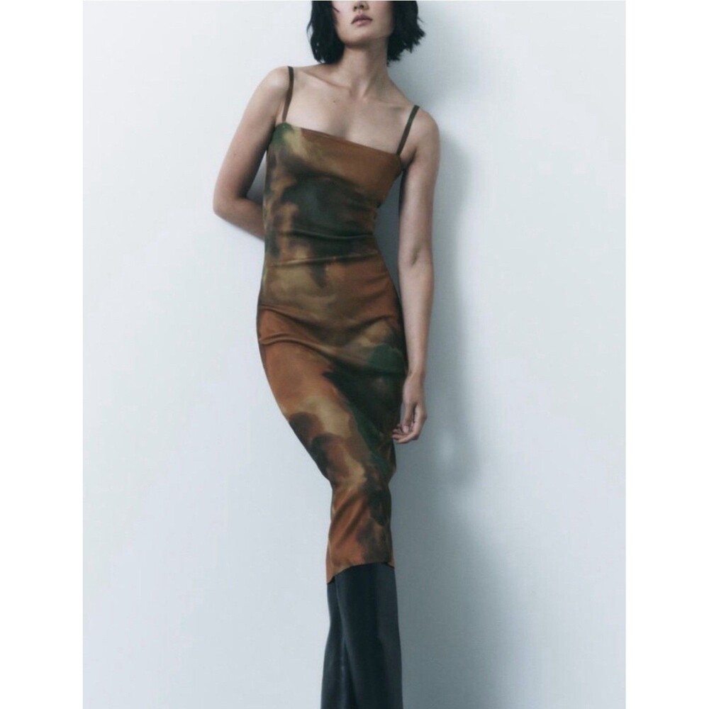 Zara Tie-Dye Ribbed Knit Bodycon Midi Dress Women’s M Brown Stretch